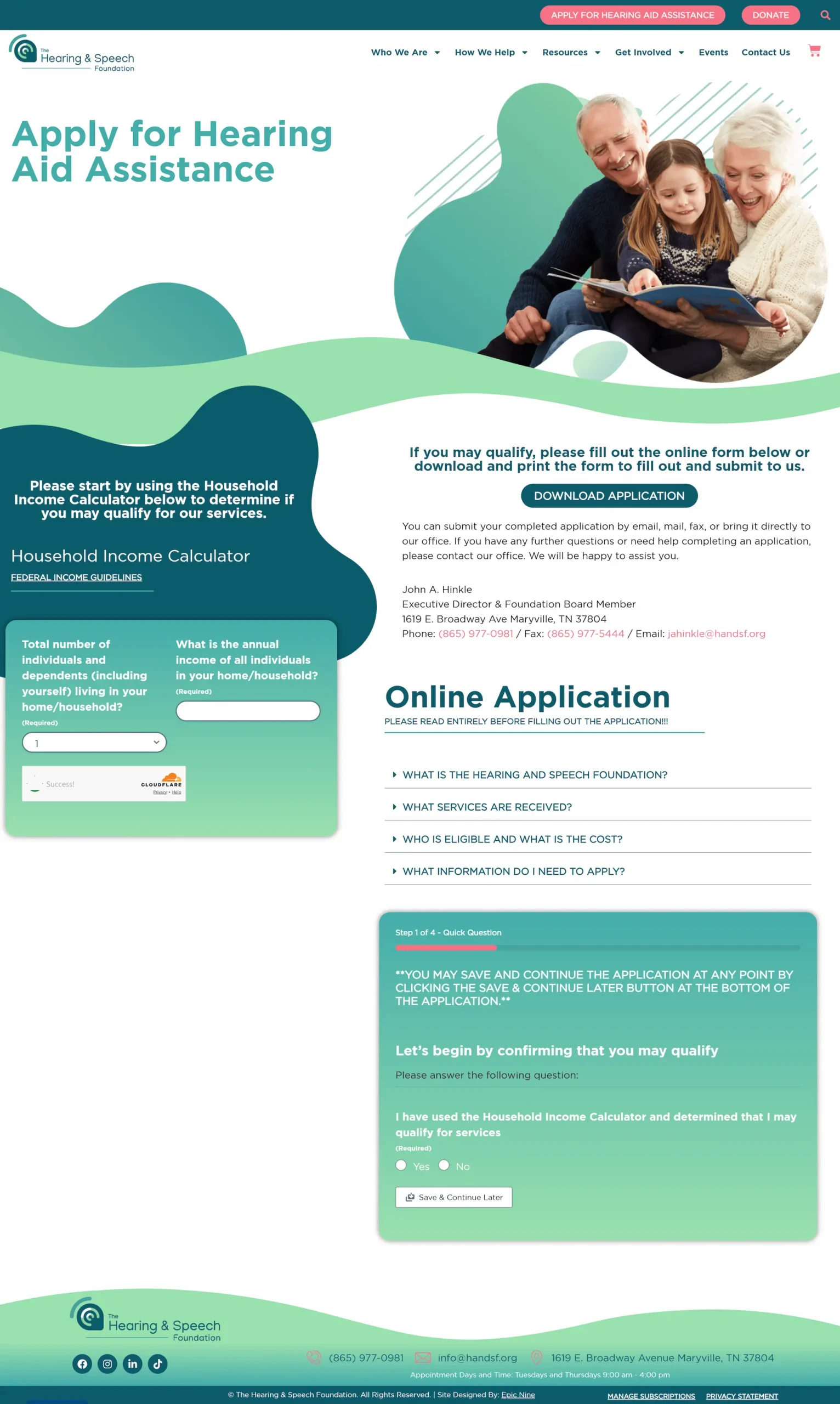 Website for hearing aid assistance with application form, income calculator, and contact info. Features a family reading together.