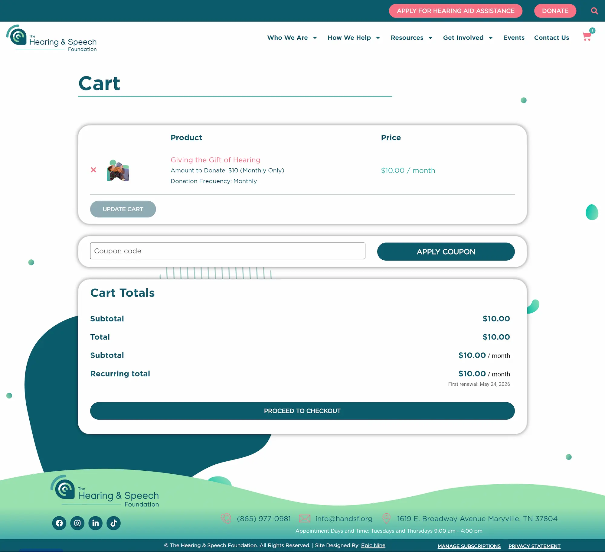 Cart page for Hearing & Speech Foundation donation. Monthly gift of $10. Option to apply coupon. Checkout button visible.