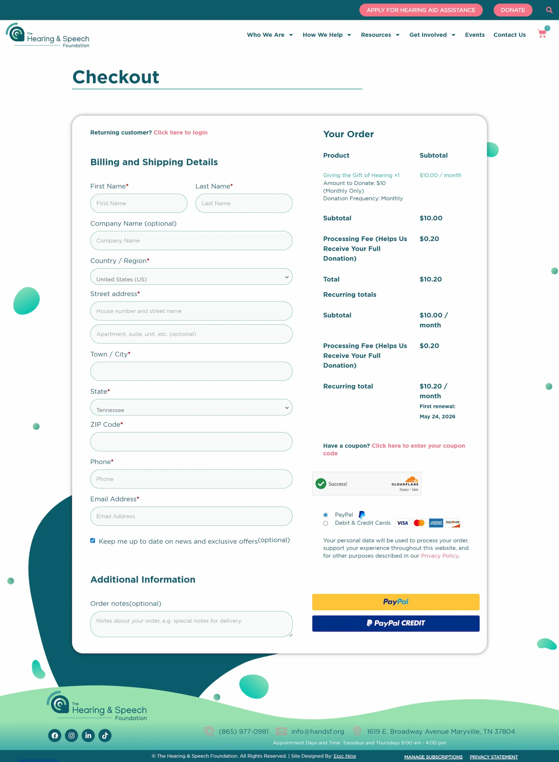 Checkout page for Hearing & Speech Foundation with billing form and donation summary, featuring PayPal and credit card options.