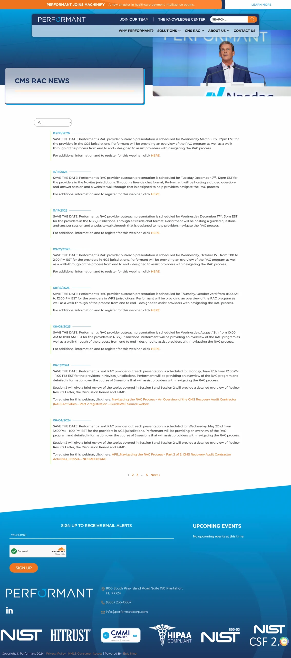 Performant CMS RAC News webpage with upcoming webinar dates, registration links, and contact information at the bottom.