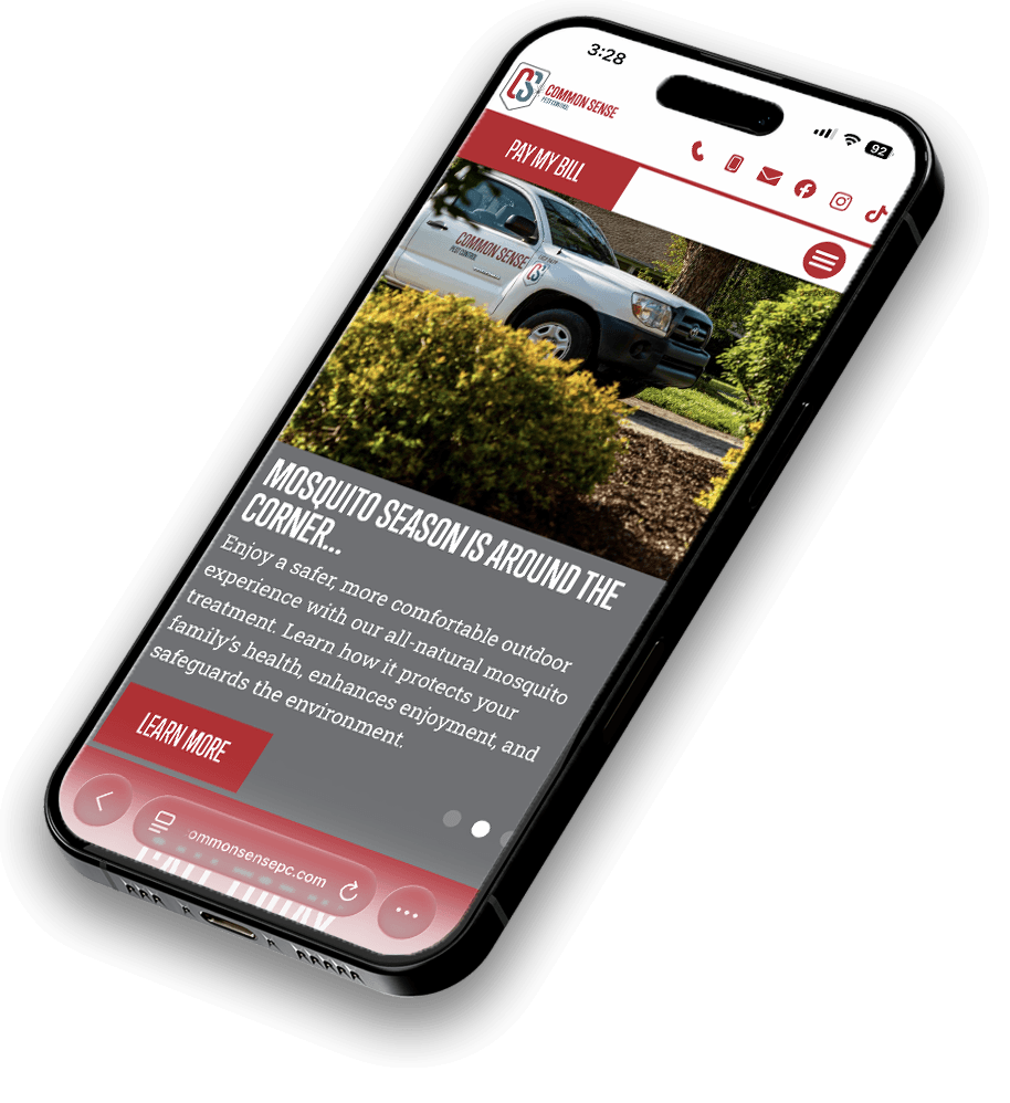 A smartphone screen displays a website with a truck image and text about mosquito season. The tone is informative, with a "Learn More" button visible.
