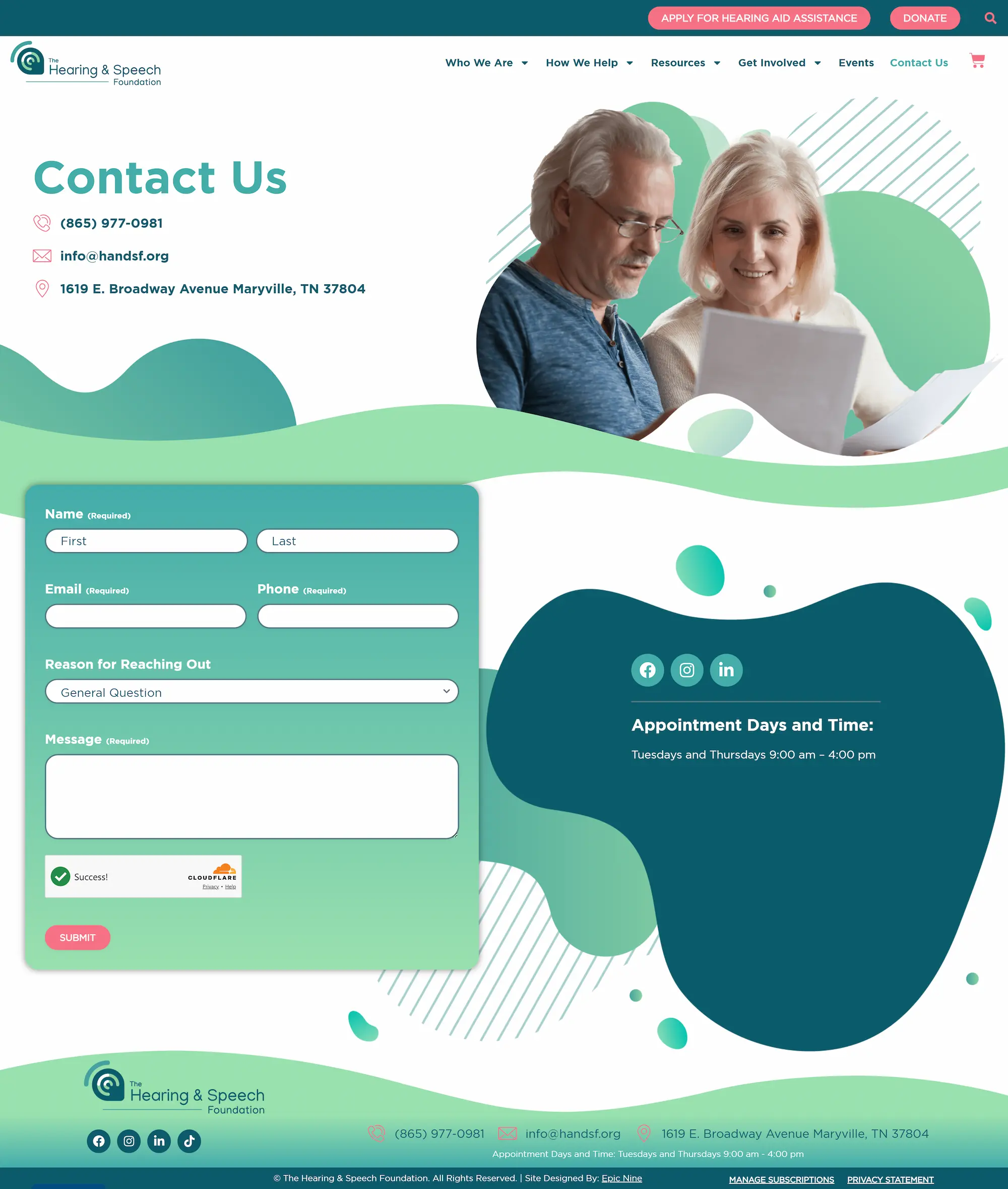 Contact page for Hearing & Speech Foundation with form, contact info, and image of two people reading papers.