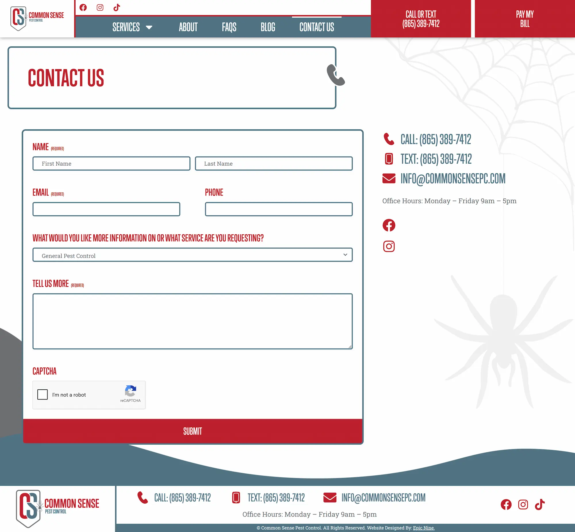 Contact form for Common Sense Pest Control with fields for name, email, phone, and service request. Includes contact info and hours.