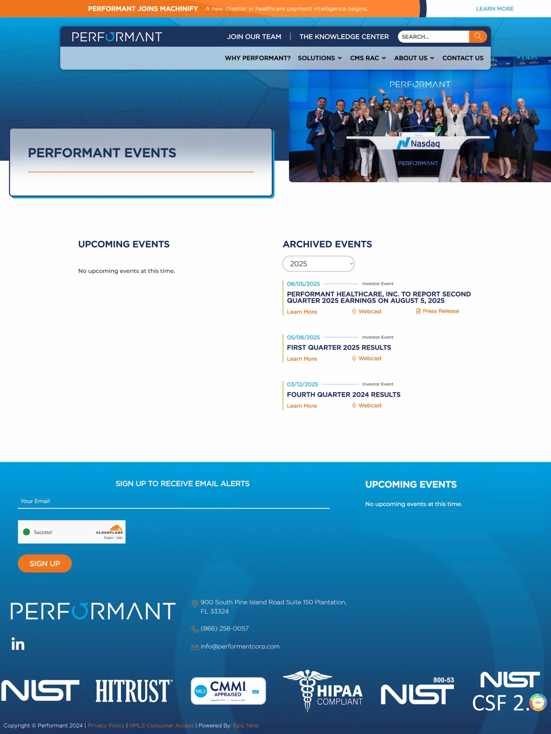 Performant website shows events, contact info, and a Nasdaq celebration image. No upcoming events listed; archived events are shown.