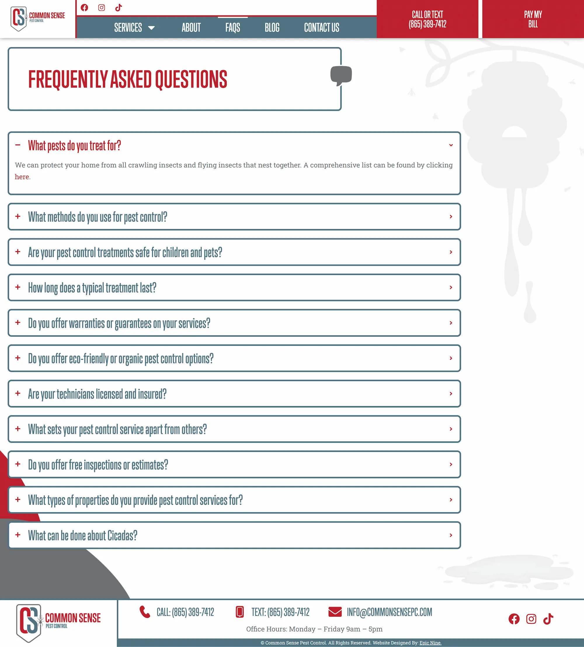 FAQ page for pest control services, detailing treatment methods, safety, eco-friendly options, and service guarantees.