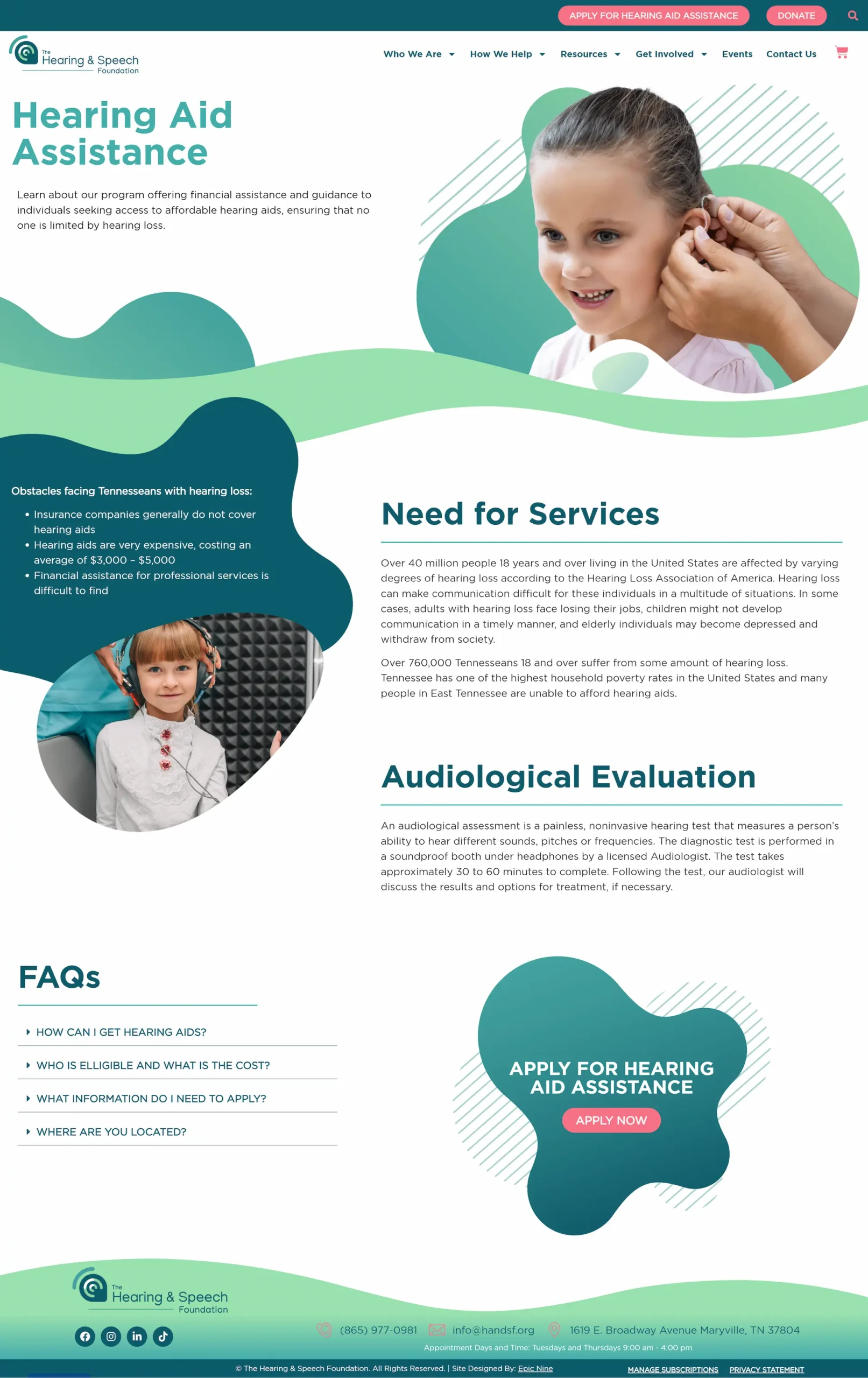 Website for hearing aid assistance, showing a child getting fitted with a hearing aid. Includes info on services and application.