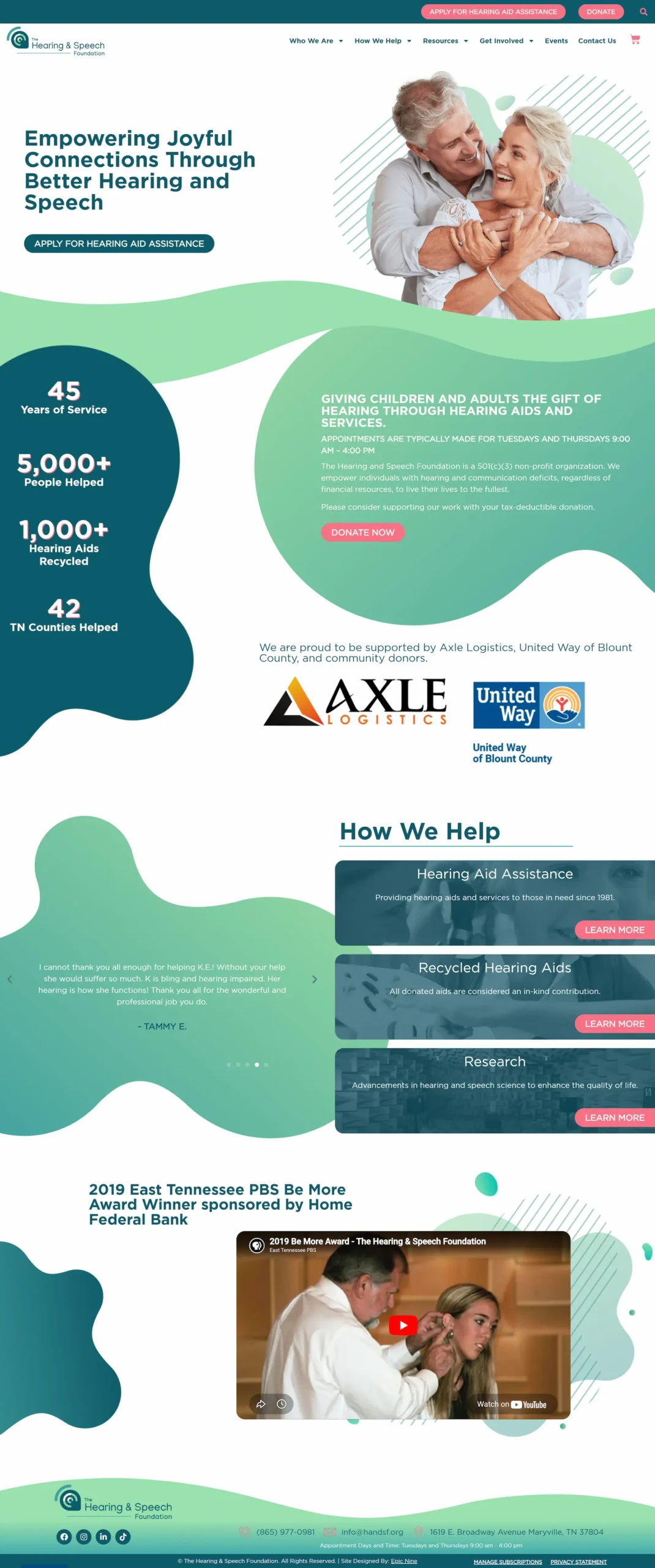 Hearing & Speech Foundation webpage highlighting hearing aid assistance, services, and community support with a joyful elderly couple.