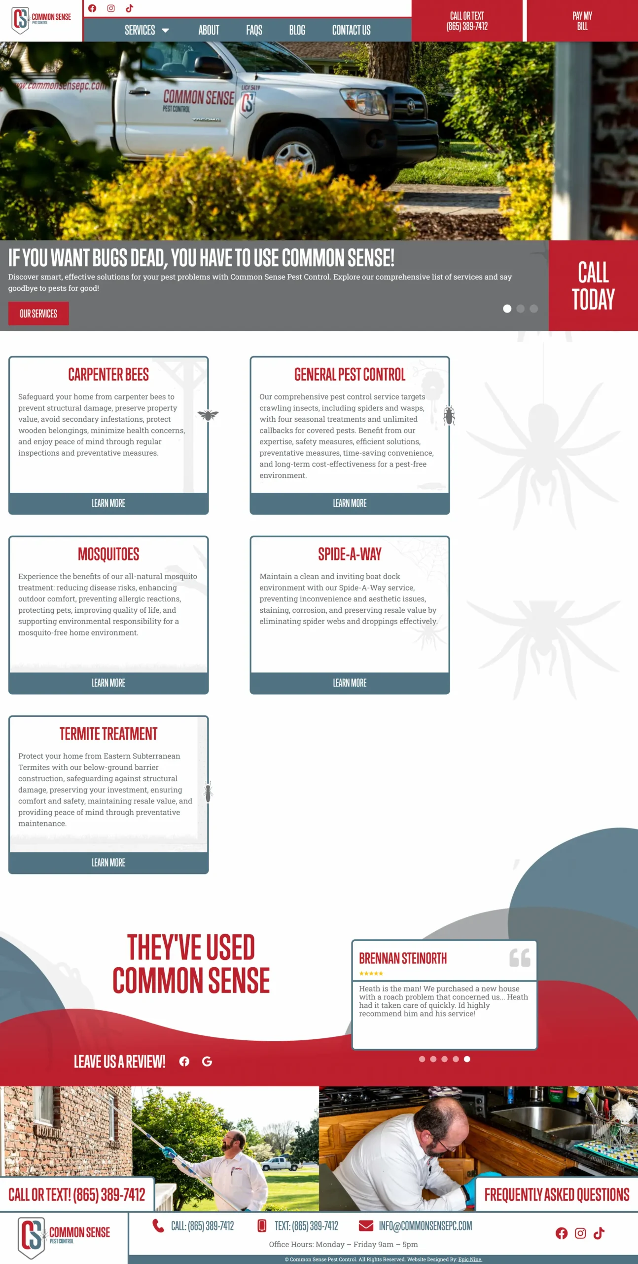 Common Sense Pest Control website features services like termite treatment and mosquito control, with contact info and customer reviews.