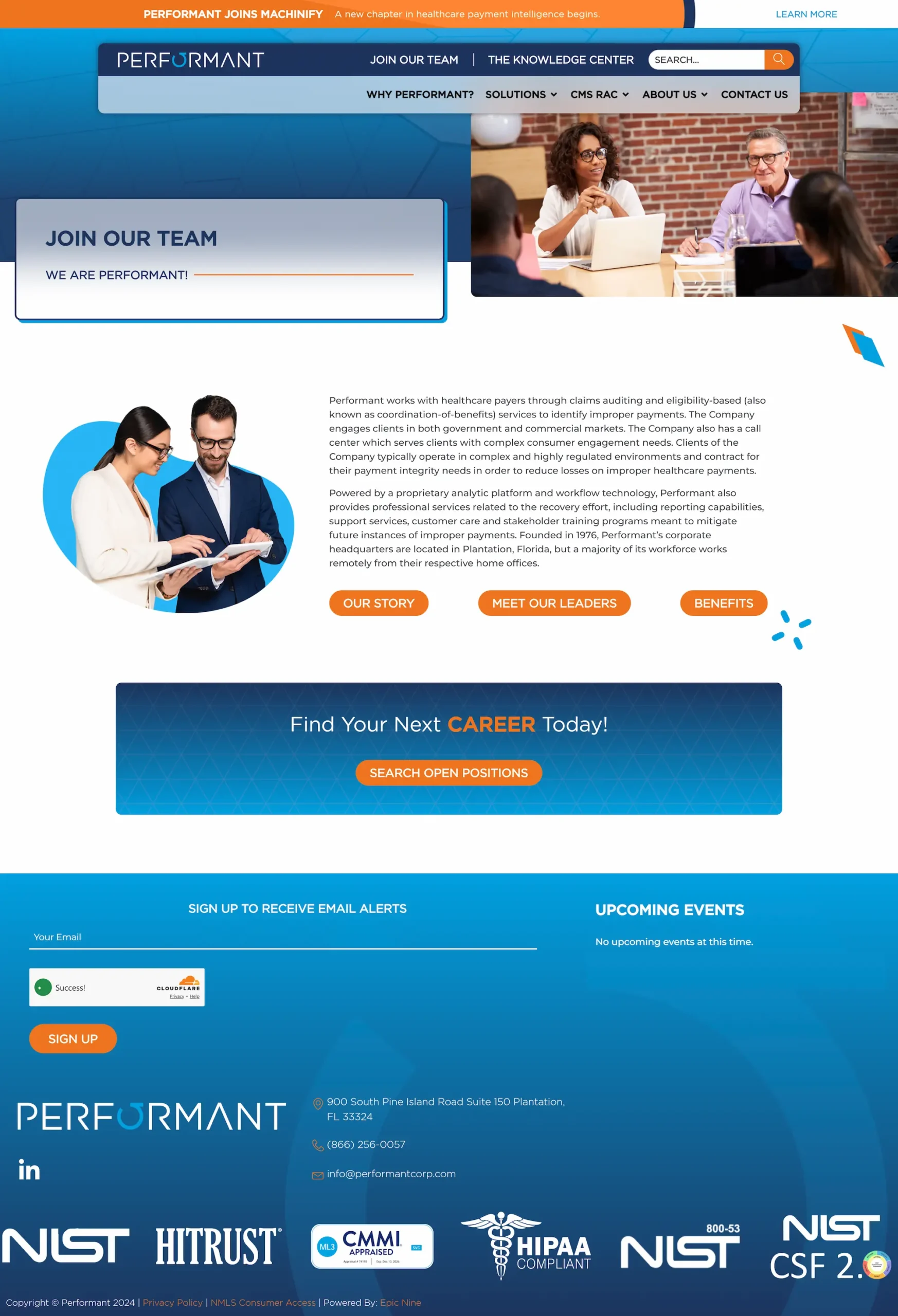 Performant webpage with "Join Our Team" banner, career search, and contact info. Logos for NIST, HIPAA, and HITRUST compliance.