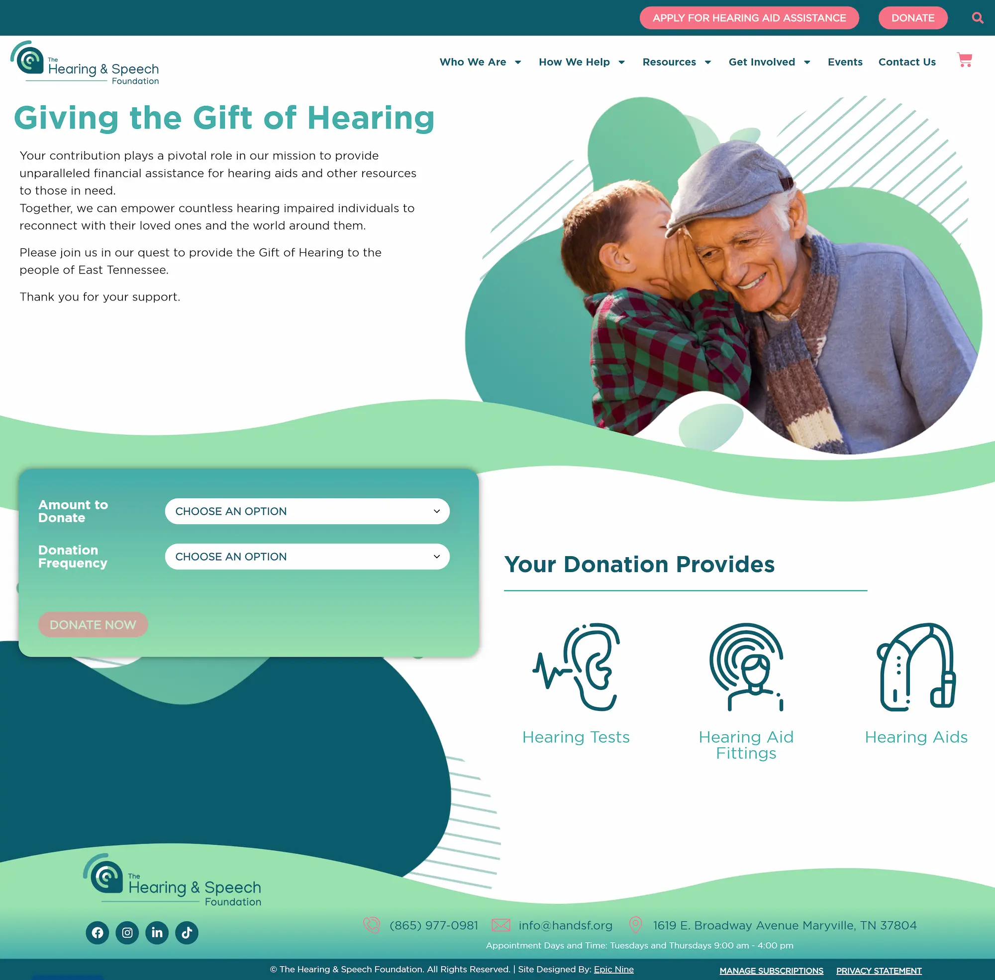 Hearing and Speech Foundation donation page with options to donate and support hearing tests, aid fittings, and hearing aids.