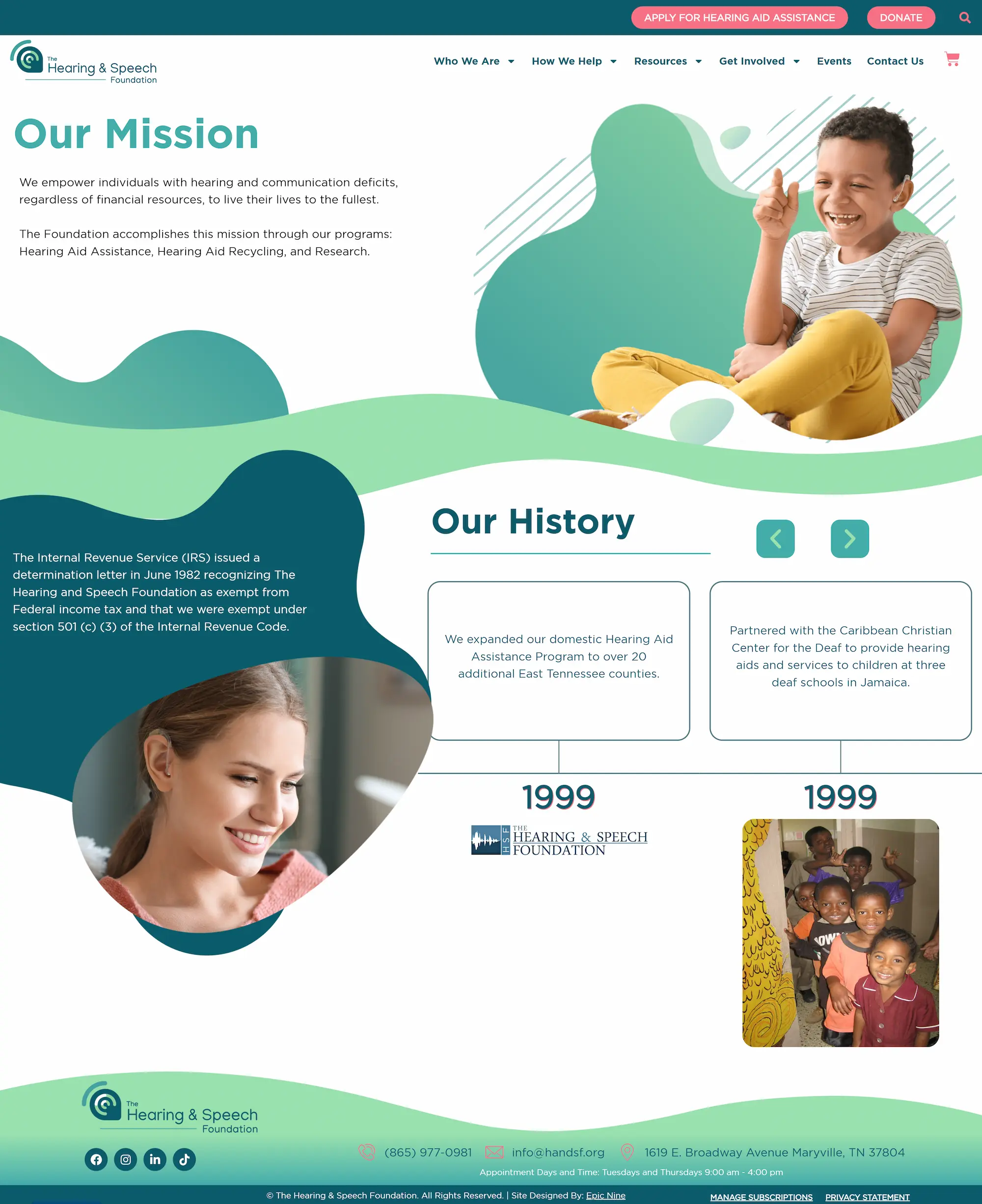 Hearing & Speech Foundation webpage highlights mission, history, and programs with images of smiling children and informative text.