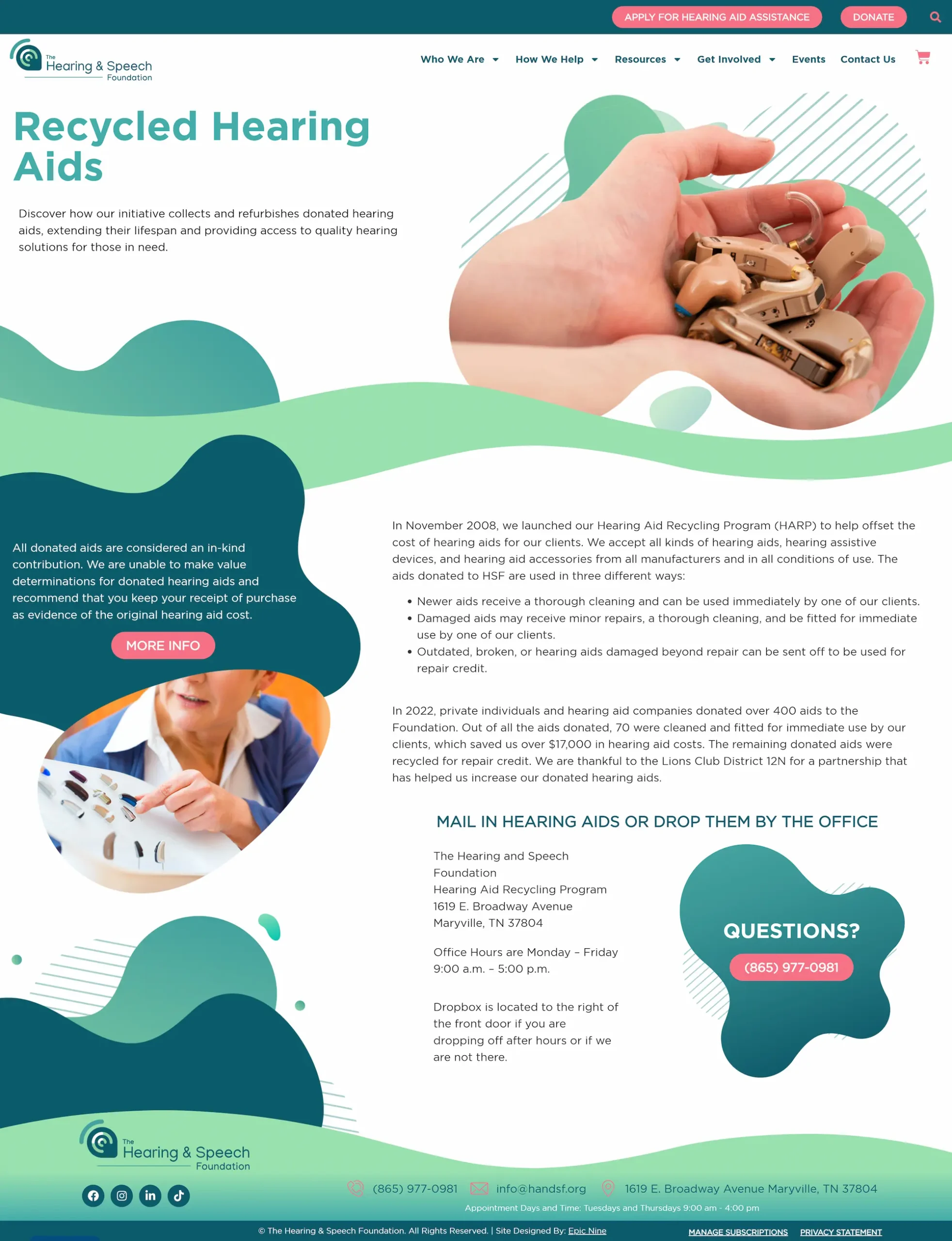 Hands holding recycled hearing aids, promoting a program for refurbishing and donating aids to those in need. Contact info included.