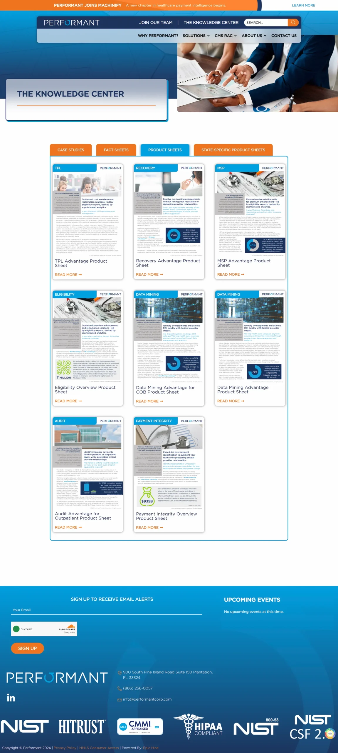 Performant's Knowledge Center webpage features product sheets on healthcare solutions, with options to read more and sign up.